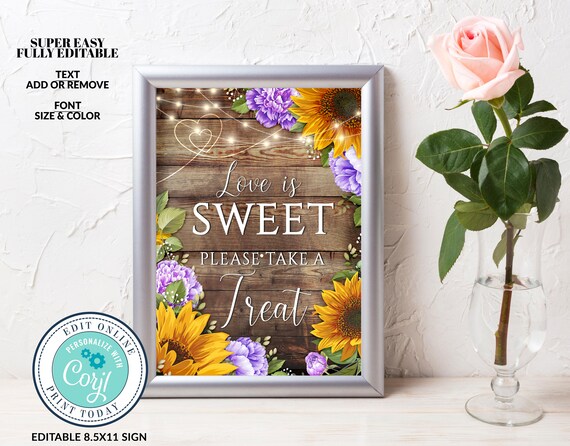 Love is Sweet Wedding Sign Template, Rustic Wood with Sunflowers & Purple Peonies Printable Template, Editable Sign ,Instant Download, Corjl Il_570xn