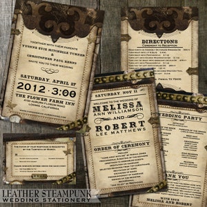 Steampunk Victorian Faux Leather Wedding Invitation Package Gears and Parchment Paper Digital Printable Invite Rsvp and more image 1