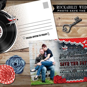 Rockabilly Photo Save the Date Postcard Rockabilly Wedding Announcement Offbeat Wedding DIY Printable Rock N' Roll tattoo 50s polka dots DIY