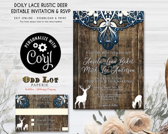 Wedding Invitation template, Rustic Wedding Invitation Set, Deer Wedding Invitation, Navy Lace, Buck and Doe Wedding Invite Rsvp Set