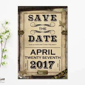 Steampunk Save the Date, Gears and Cogs, leather, Printable Save the Date Card, Offbeat wedding invitation, Steampunk Invitation, DIY card 画像 2