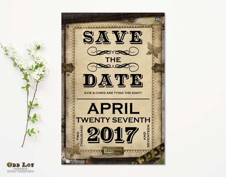 Steampunk Save the Date, Gears and Cogs, leather, Printable Save the Date Card, Offbeat wedding invitation, Steampunk Invitation, DIY card 画像 2