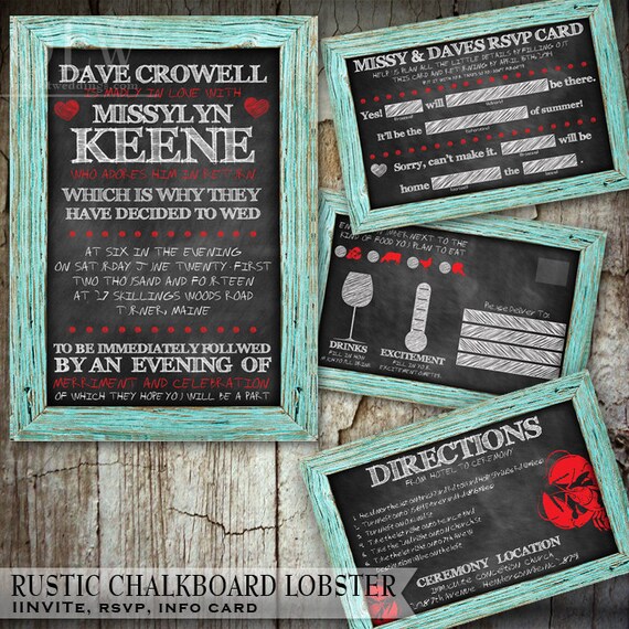 Chalkboard Wedding Invitation, RSVP Stationery Set, Rustic wedding invitations, Lobster and Hearts on Chalkboard wedding printables Il_570xn