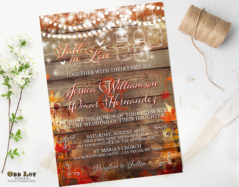 Fall in Love Rustic Wedding Invitation, Mason Jar Wedding, Fall Wedding, Autum Leaves Printed Wedding Invitation Set, Free white envelopes image 7