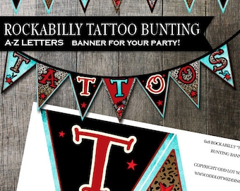 Rockabilly Alphabet Banner: Red & Blue Retro Pennants (Instant Download)