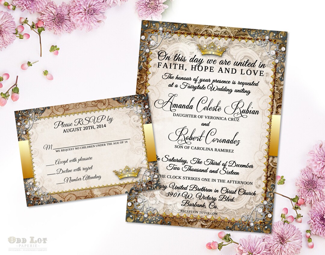 Fairytale Wedding Invitation, Once Apon a Time Oranate Invite, Gold and ...