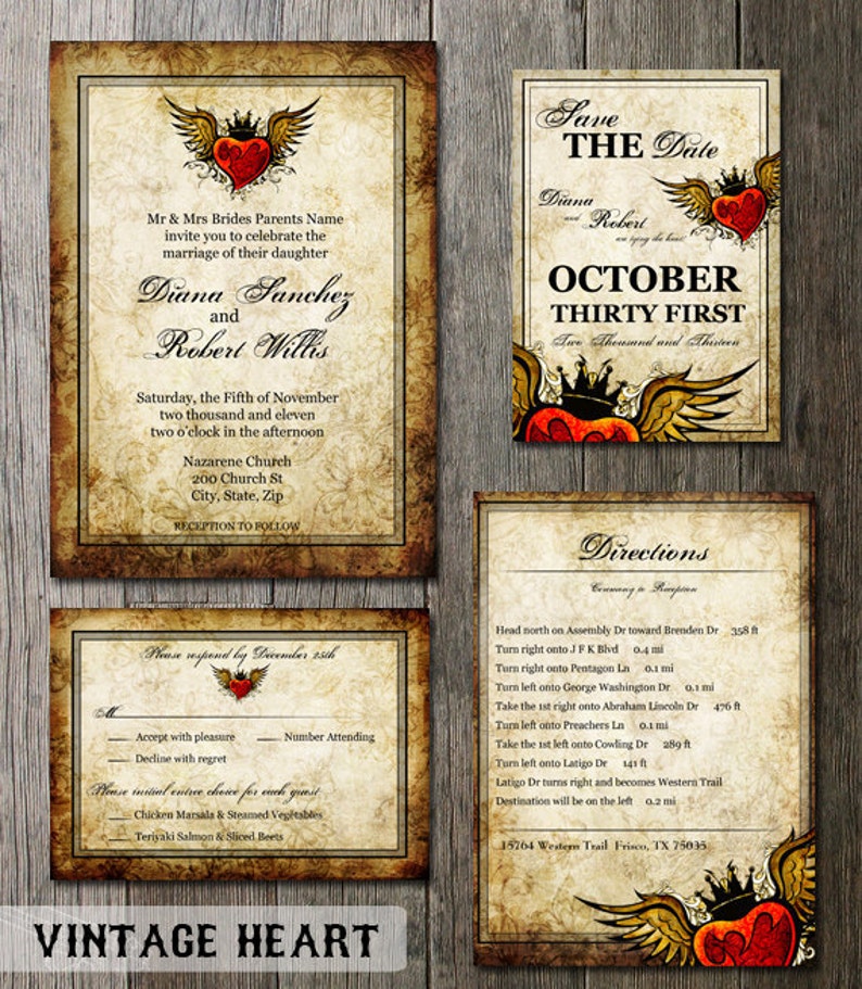 Vintage Wedding Invitation Wedding Printable Stationery Tattoo Winged Heart Wedding Invitation Heart Invitation DIY Wedding Invitation