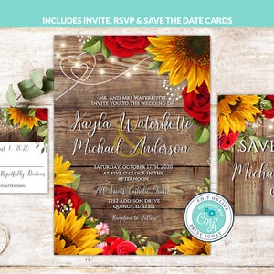 May include: Wedding invitation suite featuring a rustic wooden background, adorned with sunflowers, red roses, and string lights. The invitation includes the names Kayla Waterkette and Michael Anderson, with event details. RSVP and Save the Date cards are also included.
