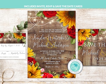 Rustic Sunflower Wedding Invitation Suite: Editable Template (Corjl File)