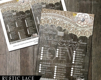 Bridal Shower Game "What's in your purse" Rustic Lace Bridal Shower Game Instant Download