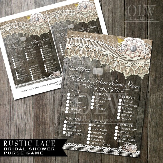 Bridal Shower Game "What's in your purse" Rustic Lace Bridal Shower Game Instant Download Il_570xn