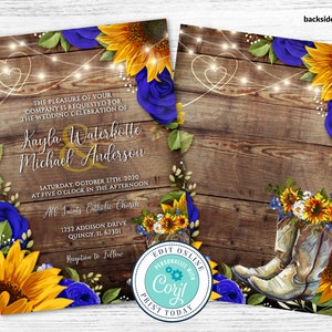 Wedding Invitation and RSVP Template, Rustic Wood with Sunflowers & Roses Invitation Suite, Cowboy Boots Editable Printable File, Corjl image 3