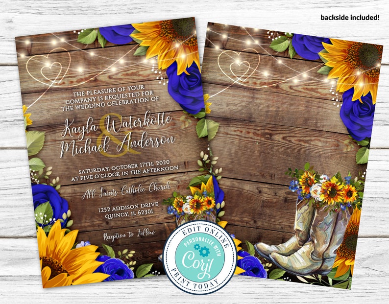 Wedding Invitation and RSVP Template, Rustic Wood with Sunflowers & Roses Invitation Suite, Cowboy Boots Editable Printable File, Corjl image 3