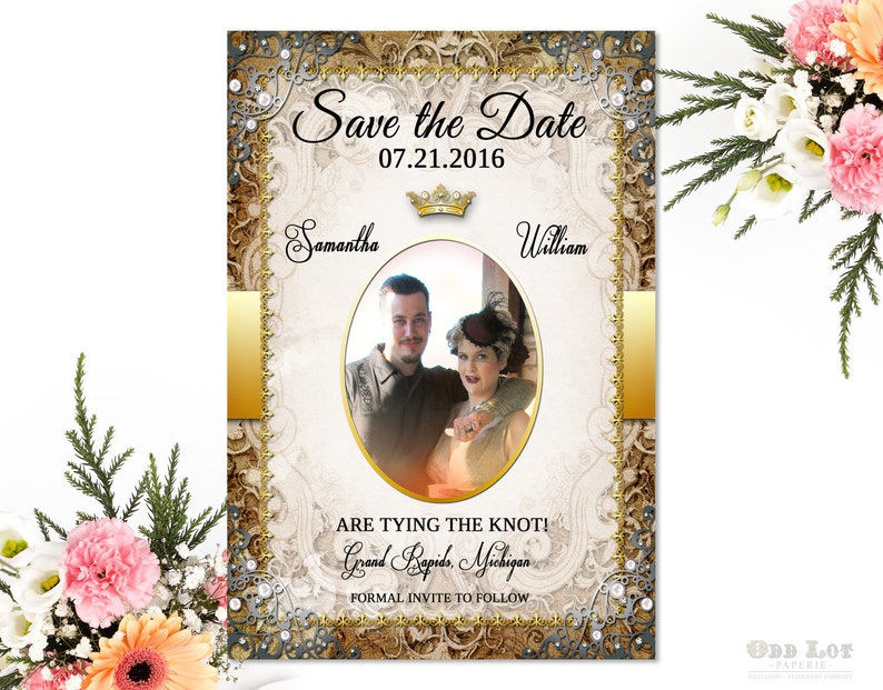 Fairytale Wedding Save the Date Printable ornate Gold or Silver Wedding Invite Crown Fairytale Princess DIY Printable Photo Announcement image 3