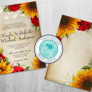 Rose & Sunflower Wedding Invitation with Parchment Background. Sunflowers and Roses Editable Invite, Red Roses, Editable Corjl File, DIY image 3