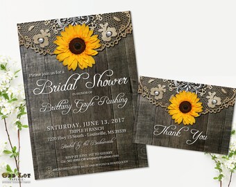 Sunflower Bridal Shower Invitation Set Rustic Bridal Shower Invite Country Rustic Wedding Barn Wood Lace Printable invite Rustic Sunflower