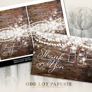 Rustic Mason Jar Printable Thank You Card, Rustic Wood, Mason Jar, Hanging lights, White lace, Printable Thank you, Rustic Greeting Card