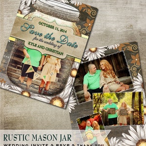 Rustic Wood Mason Jar and Daisy Flowers Floral Photo Collage Wedding Announcement Barn Wood Save the Date Card Country Chic Rustic Invite