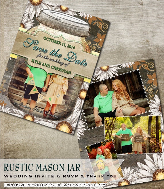 Rustic Wood Mason Jar and Daisy Flowers Floral Photo Collage Wedding Announcement Barn Wood Save the Date Card Country Chic Rustic Invite Il_570xn
