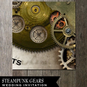 Steampunk Wedding Invitation with multiple gears on distressed parchment paper faux background. Digital Printable image 2