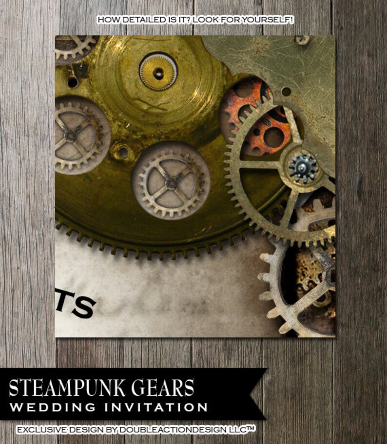 Steampunk Wedding Invitation with multiple gears on distressed parchment paper faux background. Digital Printable image 2