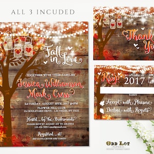 Tree Wedding Invitations, Mason Jar Wedding Invites, Printable Invitation, Carved Heart, Carved Initials, Rustic Fall Leaves, Barn Wood 1