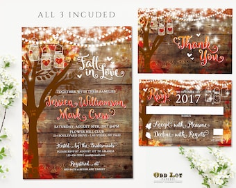 Rustic Fall Wedding Invitations, Heart Carved Oak Tree, Autumn Wedding Stationery Digital Printable Rustic Hanging Lights Mason Jar Lights