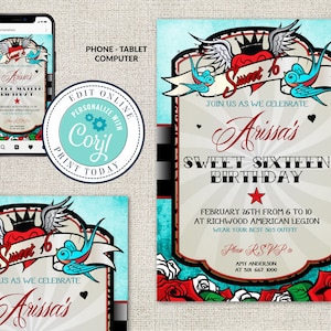 Rockabilly Birthday Party Invitation, Sweet 16, Editable Wedding Stationery, Corjl, Rockabilly Invites, Offbeat Birthday Theme, Tattoo