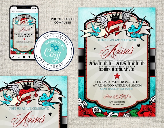 Rockabilly Birthday Party Invitation, Sweet 16, Editable Wedding Stationery, Corjl, Rockabilly Invites, Offbeat Birthday Theme, Tattoo Il_570xn