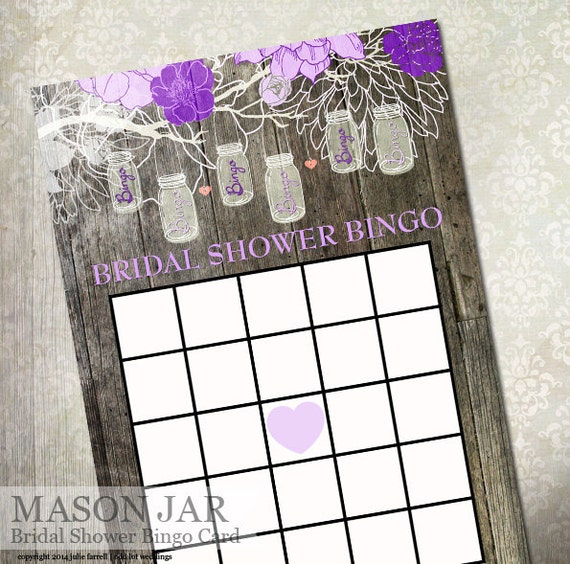 Rustic Mason Jar Bridal Shower Bingo Game - 5x7 - 2 on a sheet -Fill in the blanks! Purple Lavendar Il_570xn