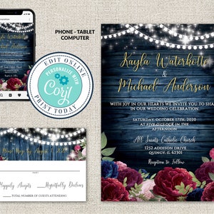 Wedding Invitation and RSVP Template,Burgundy and Navy Blue Flowers , Rustic Navy Floral Fall Editable Printable ,Instant Download, Corjl