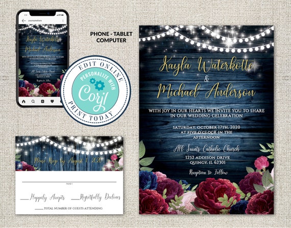 Wedding Invitation and RSVP Template,Burgundy and Navy Blue Flowers , Rustic Navy Floral Fall Editable Printable ,Instant Download, Corjl Il_570xn