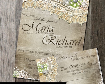 Rustic Wedding Invitation & RSVP-DIY wedding invite, RSVP with lace and vintage elements rustic background, Wedding Stationery, Lace