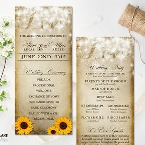 May include: A wedding program with a rustic design featuring sunflowers and a glittery background. The program includes the wedding ceremony order and the wedding party members. The text reads "The Wedding Celebration of Steve & Allen Lucas Reese June 22nd, 2015" and "Wedding Ceremony" and "Wedding Party".