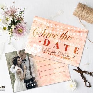 Blush Pink Watercolor Save the Date Postcard Botanical Floral Save the date Hearts Wedding Card Digital File or Printed 4x6 Postcard Boho image 1