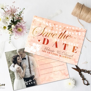 Blush Pink Watercolor Save the Date Postcard Botanical Floral Save the date Hearts Wedding Card Digital File or Printed 4x6 Postcard Boho image 1