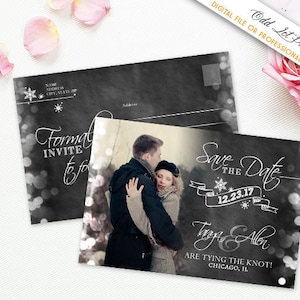 Cartão postal para salvar a data do floco de neve de inverno, casamento rústico, foto do país das maravilhas do inverno, arquivo digital imprimível ou cartão postal impresso 4x6, modelo