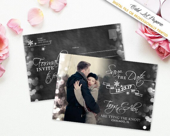 Winter Snowflake Save the Date Postcard, Rustic Wedding , Winter Wonderland Photo, PRINTABLE Digital File or Printed 4x6 Postcard, Template Il_570xn