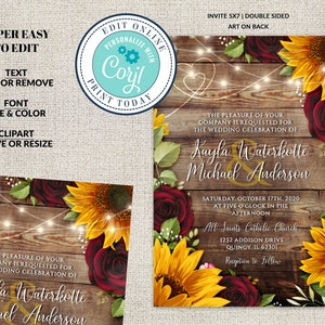 Wedding Invitation Template, Rustic Wood with Sunflowers & Roses Invitation Suite,Rustic Burgundy, Wood Wedding Invite Editable Corjl File image 2