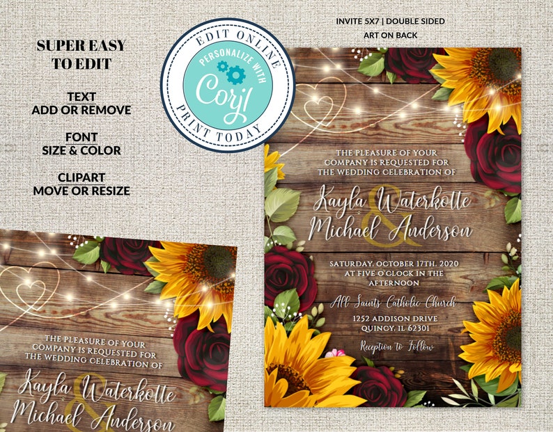 Wedding Invitation Template, Rustic Wood with Sunflowers & Roses Invitation Suite,Rustic Burgundy, Wood Wedding Invite Editable Corjl File image 2