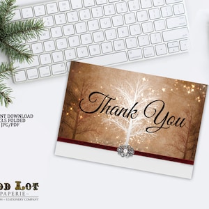 Printable Thank You Card, Tree Thank You Card Winter Wonderland Greeting Card in Brown with Faux band and embellishments Rustic image 1