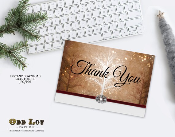 Printable Thank You Card, Tree Thank You Card Winter Wonderland Greeting Card in Brown with Faux band and embellishments Rustic Il_570xn