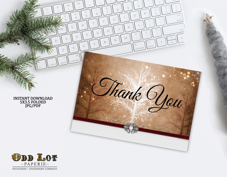 Printable Thank You Card, Tree Thank You Card Winter Wonderland Greeting Card in Brown with Faux band and embellishments Rustic image 1