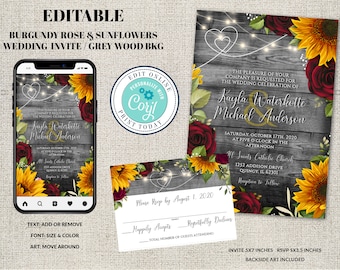 Rustic Sunflower Wedding Invitation Suite: Grey Wood, Burgundy Roses (Editable Corjl File)