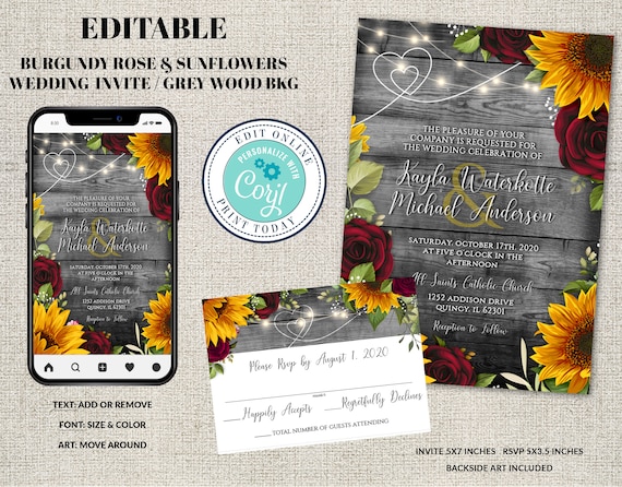 Set of 2 Wedding Invitation and RSVP Template, Rustic Grey Wood, Sunflowers & Roses Invitation Suite, Burgundy Roses, Editable Corjl File Il_570xn