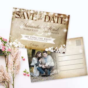 Printable Rustique Save the Date Carte postale, vintage Save the date, Carte postale florale avec photo, Carte postale imprimable, DIY Save the date trendy