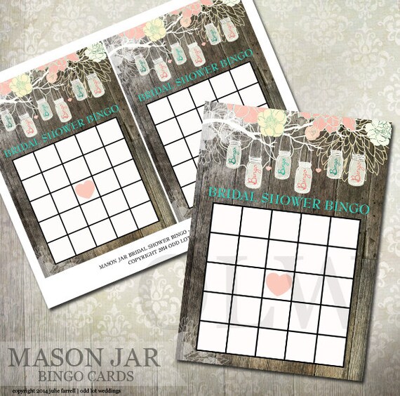 Rustic Mason Jar Bridal Shower Bingo Game - 5x7 - 2 on a sheet -Fill in the blanks! Pastel flowers Il_570xn