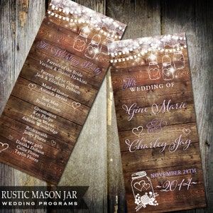 Programme de mariage Rustique Mason Jar|  Fond en bois, lumières scintillantes, bocaux maçons | Mariage à la campagne