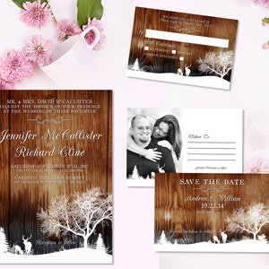 Deer Wedding Invitation Set with Save the Date Postcard Rustic Wedding Invitation and RSVP printable stationery Winter wedding wood DIY