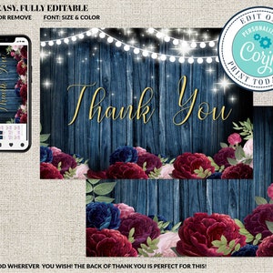Modèle de carte de remerciement modifiable, Fleurs de Bourgogne et bleu marine, Rustique Navy Floral Fall Modifiable Imprimable, Téléchargement instantané, Corjl STD